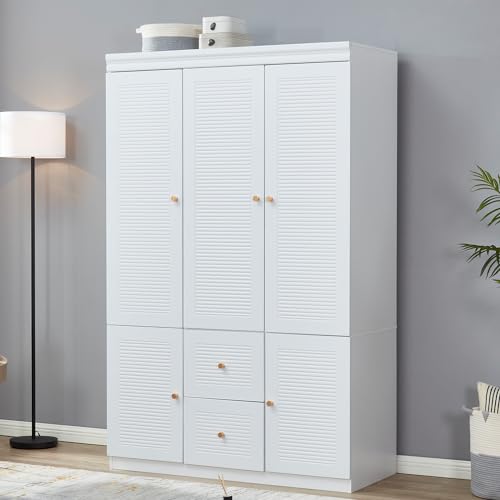 Large Armoire Wardrobe Closet Freestanding 2 Door Drawer Wooden for Bedroom Clothes Organizer Storage Cabinet with Metal Handle Hanging Rod and Shelves White 31.5" L x 19" W x 70.8" H