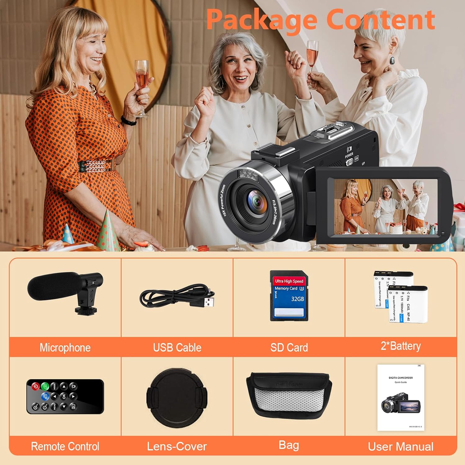 4K Camcorder Video Camera Ultra HD 44MP Vlogging Camera for YouTube 18X Digital Zoom Camcorder 3.0" IPS Screen Video Recorder with External Mic, Controller, 2 Batteries and 32G SD Card