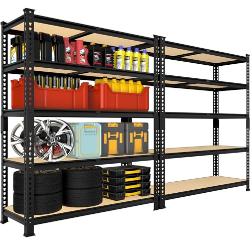 5 Tier Garage Storage Shelves - 32" W x 16" D x 63" H Adjustable Heavy Duty Metal Shelving Unit, Garage Shelving Utility Storage Rack for Basement, Pantry, Kitchen, Black, 2 PCS