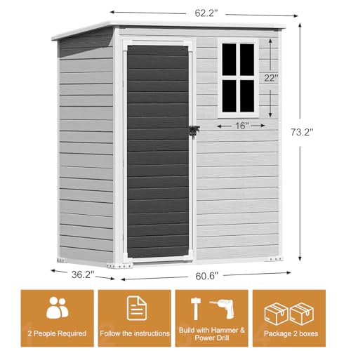 Outdoor Resin Storage Shed with Floor Included 5x3 FT, Waterproof Outside Sheds with Window Lockable Door, Plastic Sheds for Backyard Garden Patio Lawn Tools, Gray