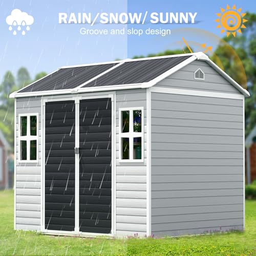 CDCASA 8x6 FT Resin Storage Shed, Waterproof Large Outdoor Sheds with Floor & Lockable Door & 2 Windows, Plastic Tool Shed for Outside, Backyard, Patio, Poolside, Bike, Dove Grey