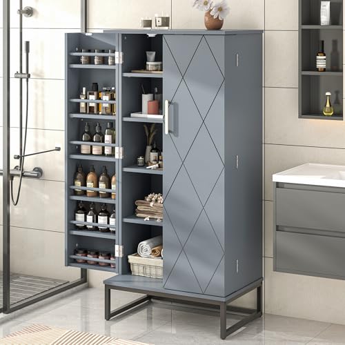 51” Pantry Cabinets, White Freestanding Kitchen Pantry Storage Cabinet with Adjustable Shelves, Buffet Cupboards Storage Cabinet for Home Office Use, White + Gold