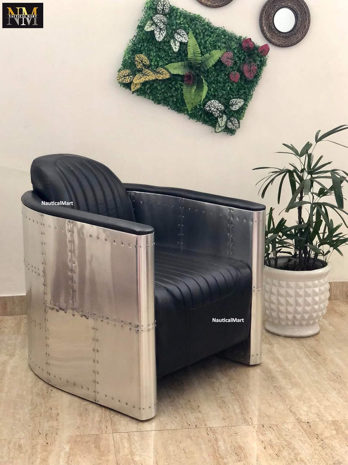NauticalMart Aluminum Leather Armchair Mid Century Industrial Sofa Aviator Accent Chair Aviation Furniture Restaurant & Home Office Décor