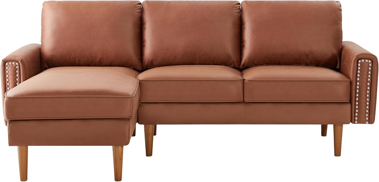 Lifeand 82.2" L-Shape Sofa Couch with Chais Mid-Century Copper Nail on Arms,Strong Wooden Leg and Suede Fabric Design,Left Chaise, Brown