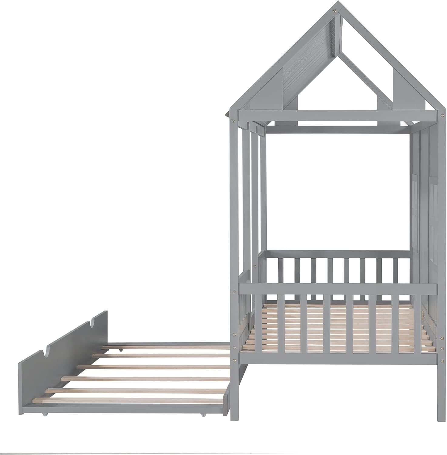 Twin Size House Bed with Twin Trundle, Wooden House-Shaped Daybed with 2 Windows and Safety Full-Length Guardrails for Kids Boys Girls Bedroom, A Beautiful Piece for Bedroom, Gray