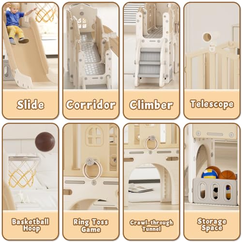 KORIMEFA 8 in 1 Toddler Slide Set, Kids Slide for Toddlers Age 1-3, Toddler Climber Slide PlaySet with Basketball Hoop,Outdoor Indoor Playground for Toddlers 1-3, Gray