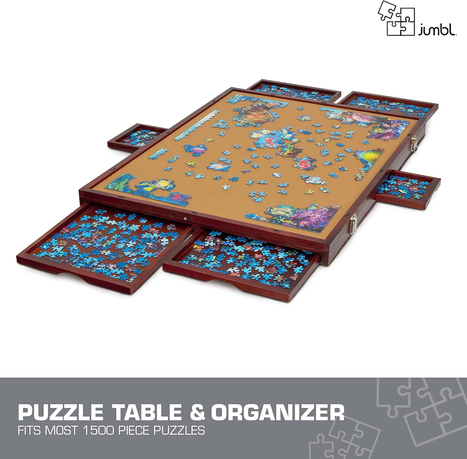 Jumbl Premium 1500-Piece Tilting Puzzle Board w/Felt Surface, 6 Removable Sorting Drawers Surface, Interlocking Cover | 27” x 35” Wooden Jigsaw Puzzle Table | Reinforced Hardwood Construction