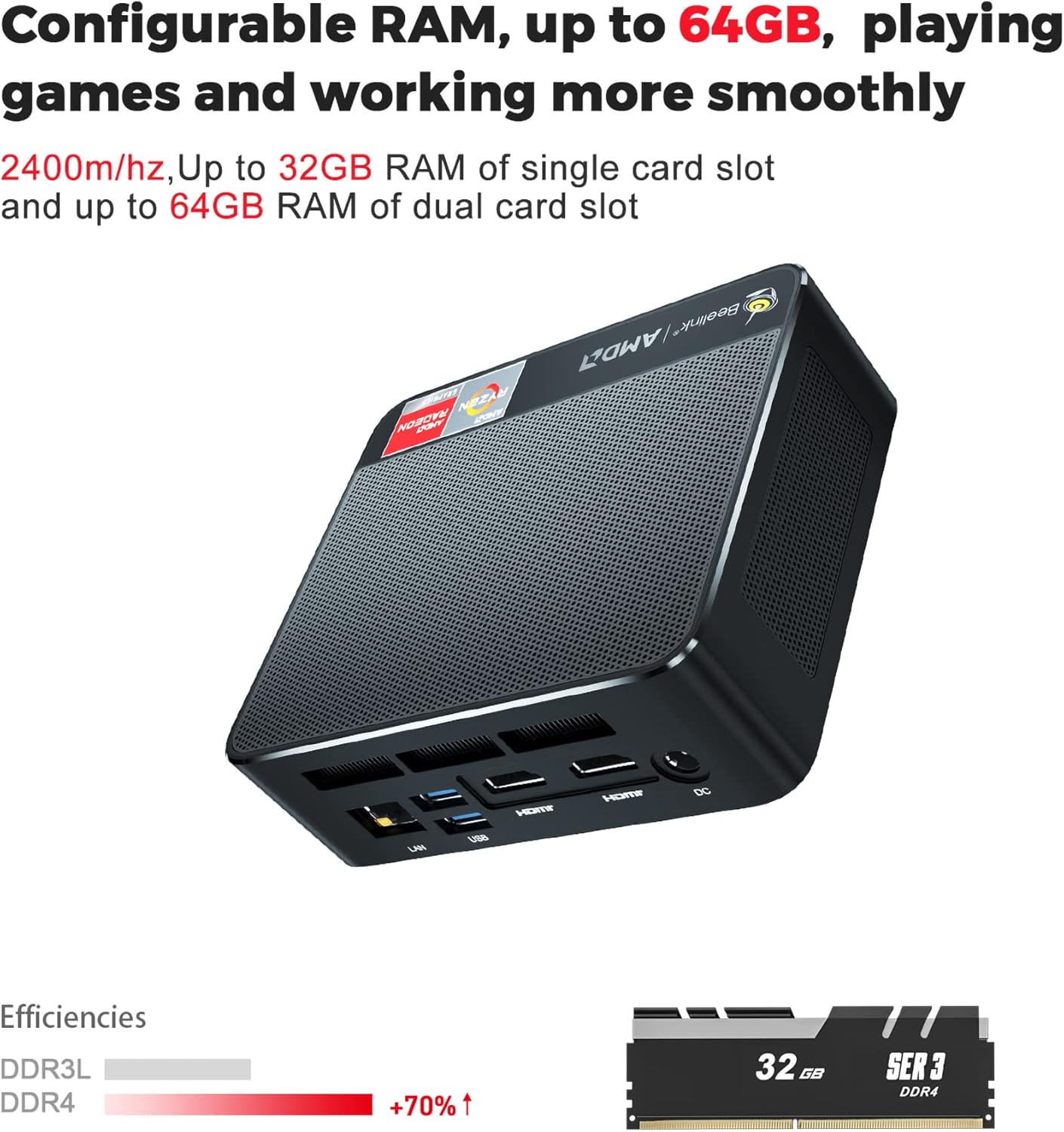 Beelink SER3 Versatile Mini PC Windows 11 Pro, AMD Ryzen 7 3750H(up to 4GHz) 4C/8T, Dual Channel RAM Up to 64GB, Radeon RX Vega 10 Graphics 4K@60Hz Three Screen Display Support Win11(8GB/256GB)