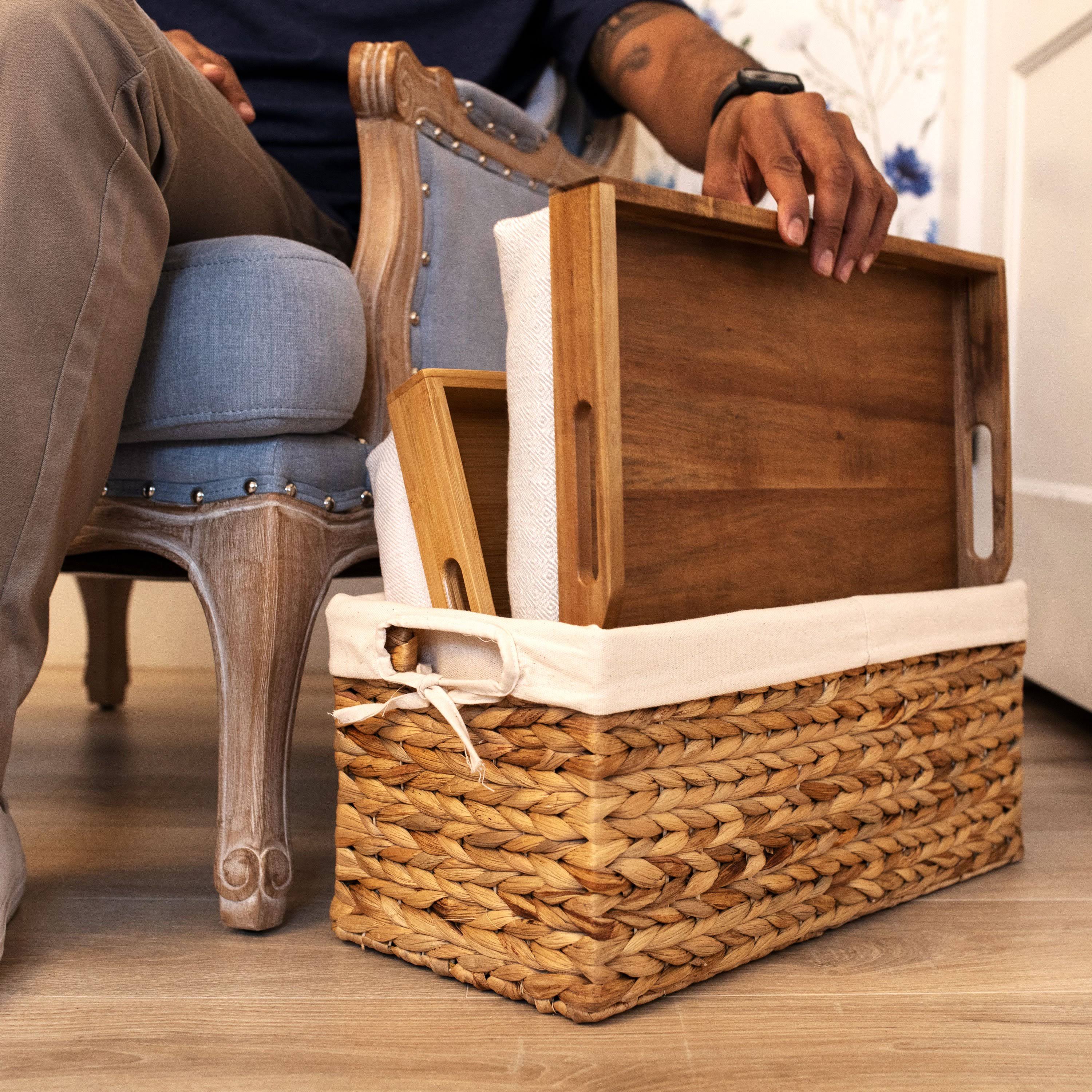 Rossie Home Set of 2 Lap Trays with Basket, Natural Acacia
