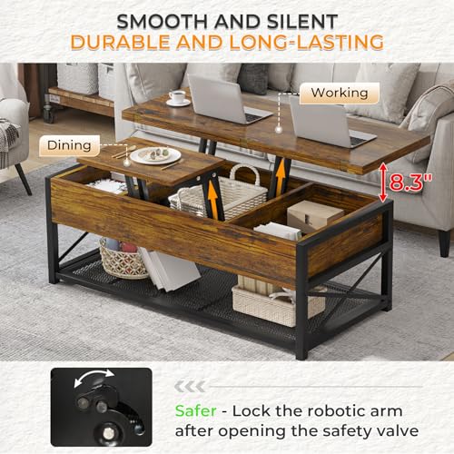 Itaar Lift Top Coffee Table, 4 in 1 Coffee Table with Storage for Living Room, Small Coffee Table with Hidden Compartment and Open Shelves for Dining Room, Black