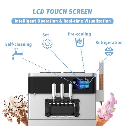 Commercial Ice Cream Maker Machine 2450W Soft Serve Ice Cream Machine 5.3 to 7.4 Gal/H 3 Flavors 110V Ice Cream Machine with Pre-cooling, Auto Clean,LCD Panel for Snack Bar Restaurants