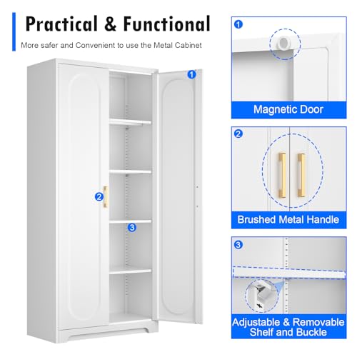 Metal Storage Cabinet with Doors and Shelves, 71 Inch Tall Kitchen Pantry Cabinet, Pantry Cabinets for Kitchen Storage, Freestanding Cupboard for Living, Dining Room, White, Assembly Required