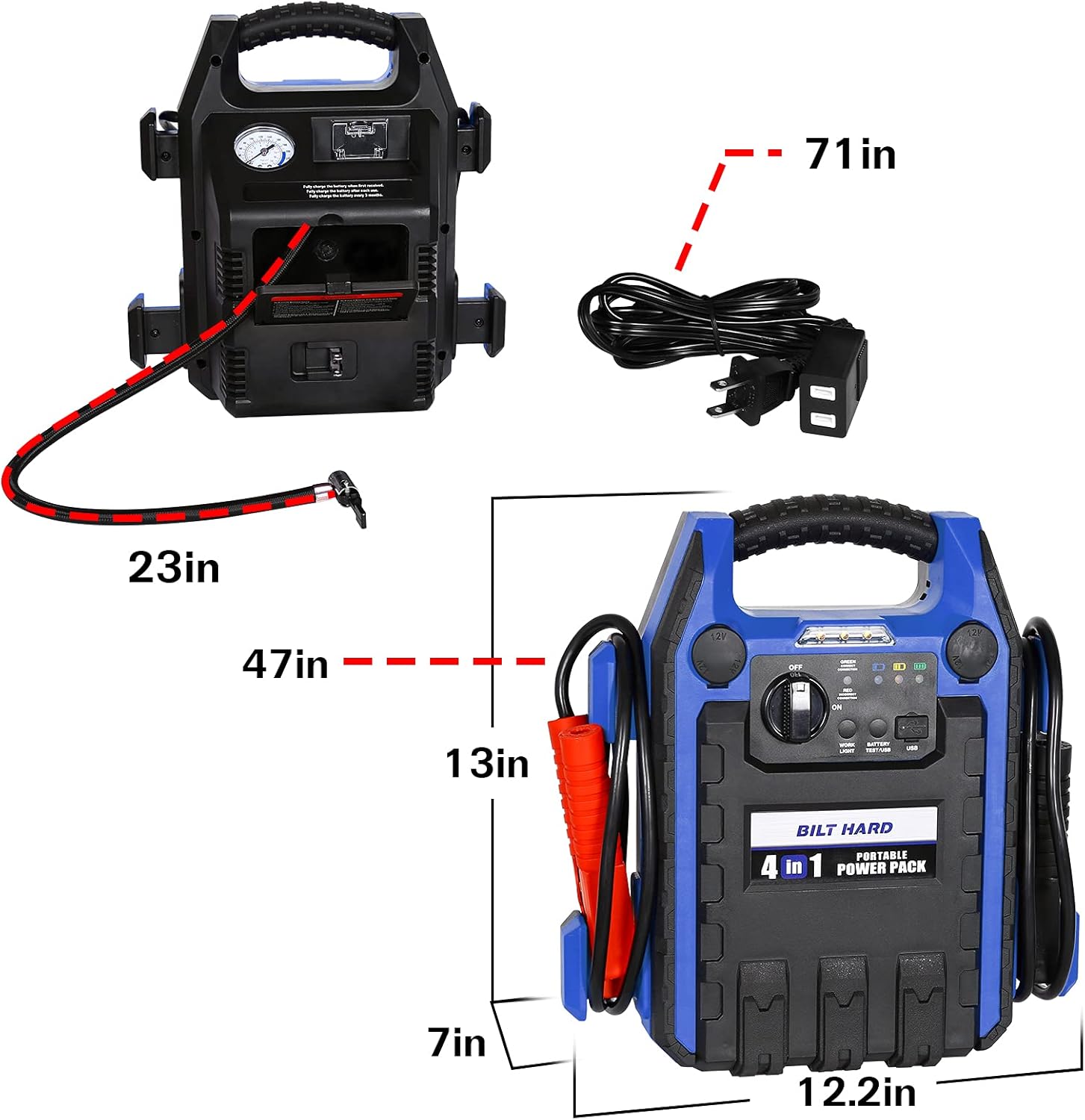 BILT HARD Portable Power Station Jump Starter, 900 Peak/400 Instant Amps, 150 PSI Air Compressor, USB Port, DC Outlet, Work Light Pack of 2