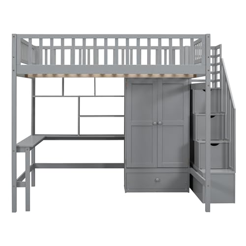 Full Size Loft Bed with Wardrobe Desk Storage Stairs, Wood Loft Bed Frame with Bookcase and Drawers, High Loft Bedframe for Kids Teens Adults, No Box Spring Needed, Espresso