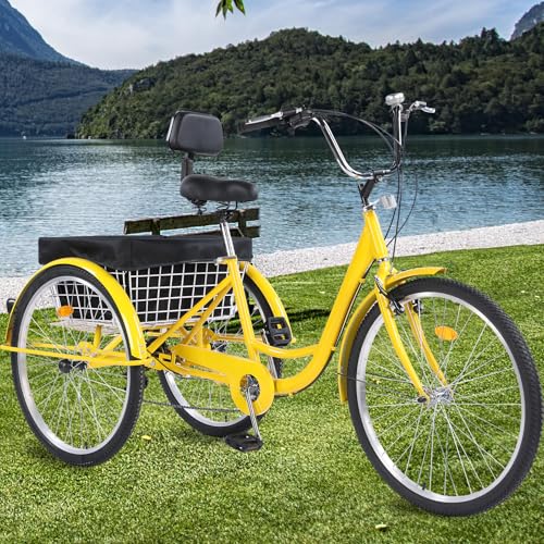 Versatile 24/26-Inch 3-Wheel Adult Tricycle with 7-Speed Gearing and Spacious Basket for Comfortable Riding and Storage for Recreation, Shopping, Picnics