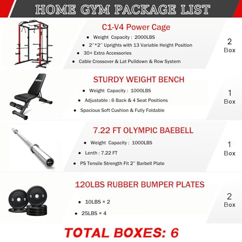 C1-V4 Power Cage, 2000LBS Squat Rack with LAT Pulldown, Multi-Function Weight Cage Strength Training Machine, Workout Cage with More Attachments for Home Gym Garage