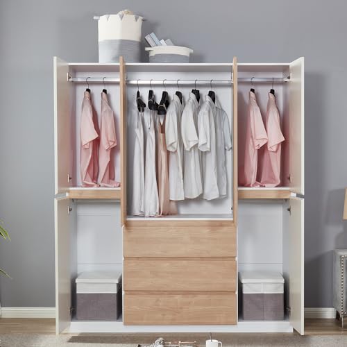 Armoire Wardrobe Closet Cabinet, 4 Door 3 Drawers Wooden Tall Cabinet Closet Wardrobe for High Storage Capacity, White Closet Cabinet with Hanging Rod 63" L x 20.3" W x 74.2" H