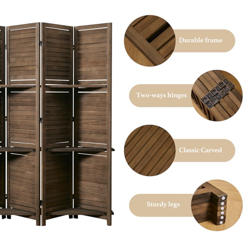 Room Divider with Shelves, 5.6 Ft Tall Folding Wood Screen with Double Hinges for Home Office Bedroom Hotel Decoration (6 Panels, Brown)