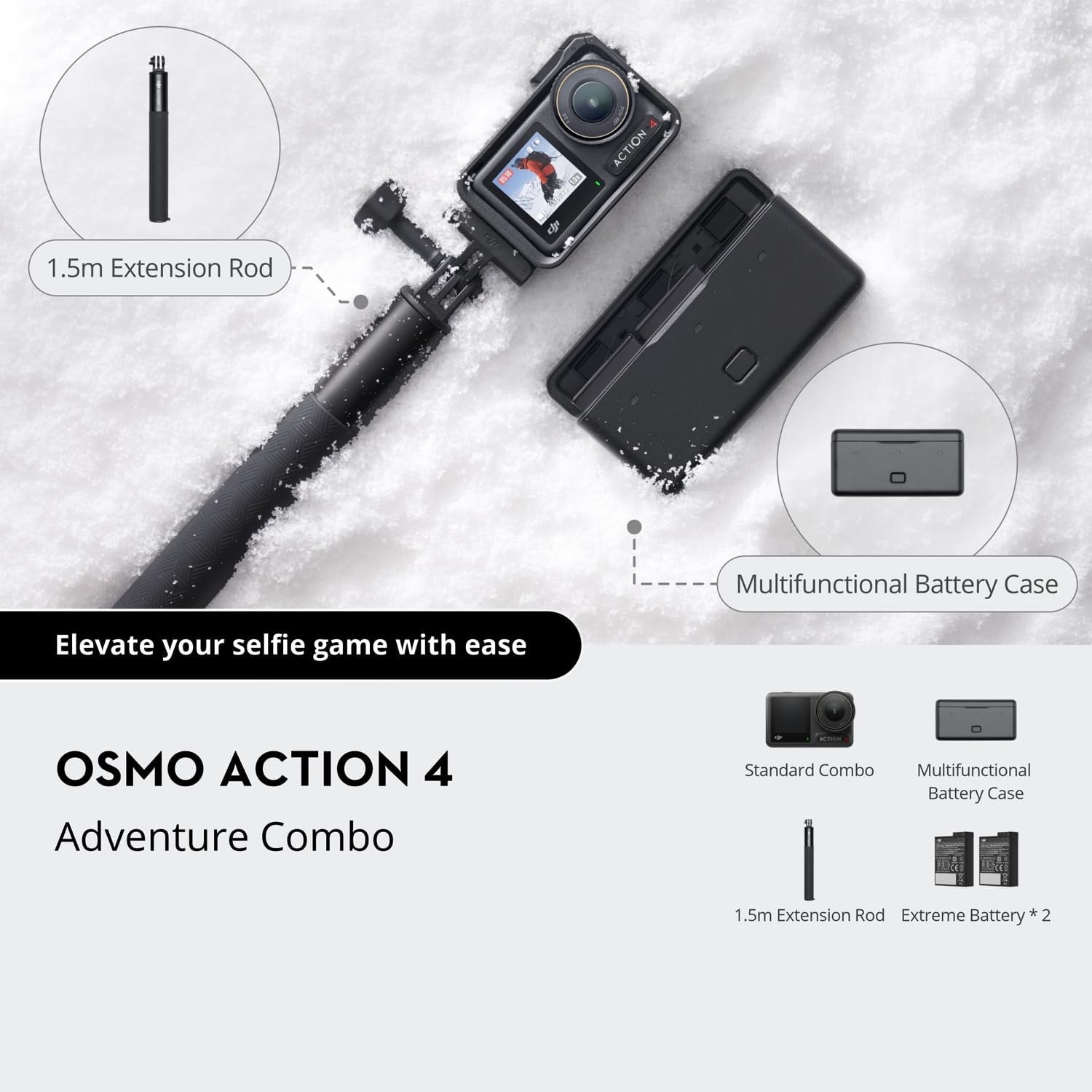 DJI Osmo Action 4 Adventure Combo - 4K Waterproof Action Camera with Battery Case Bundle with Lexar 64GB Memory Card, Protective Case, Carrying Case and 1 YR CPS Enhanced Protection Pack