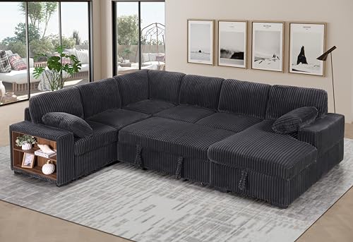 Oversized U-Shaped Sectional Sofa Couch Plush Corduroy Upholstered Modular Deep Seat Sofa&Couch Sectional W/Right Facing Chaise Lounge and 7 Toss Pillows for Home Apartment Living Room Furniture Sets