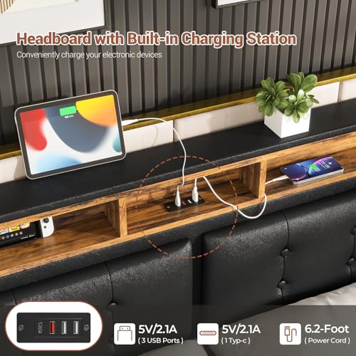 Hasuit California King Floating Bed Frame with LED Lights, California King Bed Frame with Headboard and Charging Station, Cal King Bed Frame No Box Spring Needed, Easy to Assemble, Faux Leather Black