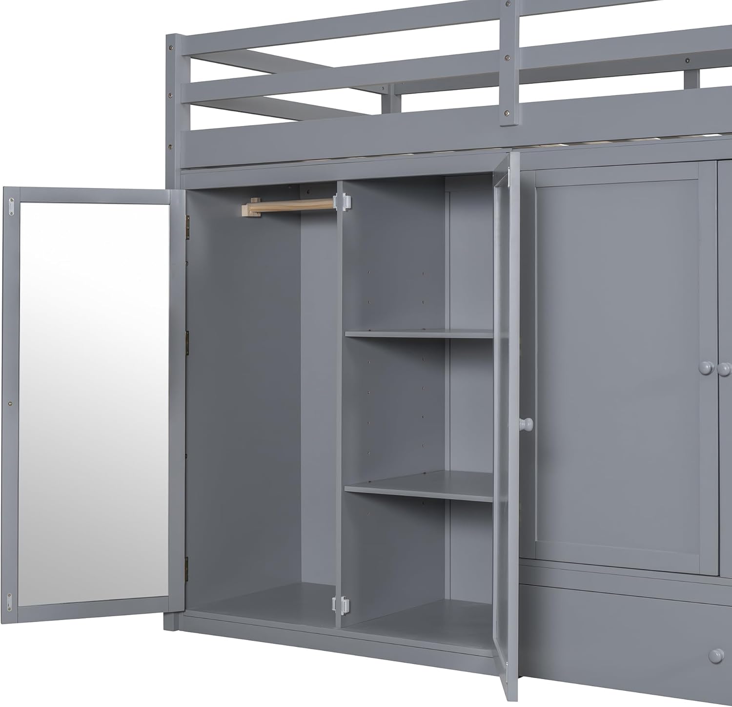 Twin Size Loft Bed with Storage Drawer and Two Wardrobes, Wood Low Loftbed with Ladder & Mirror, for Kids Teens Adults Bedroom, Gray