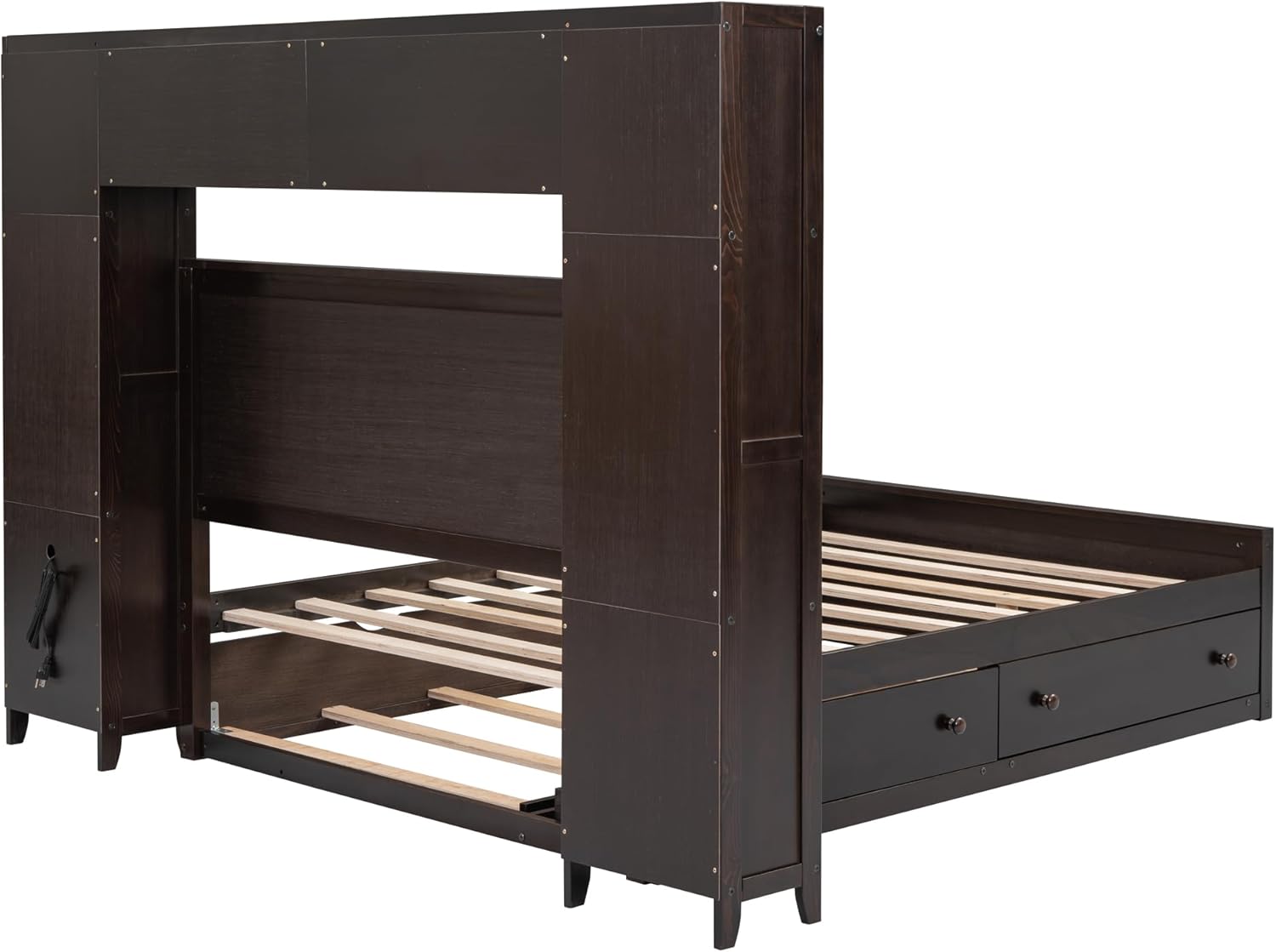 Full Storage Bed with Bookcase Headboard, Wood Full Size Platform Bed with Trundle and 2 Storage Drawers, Full Bed Frame with Cabinet and Shelf, No Box Spring Needed,Espresso