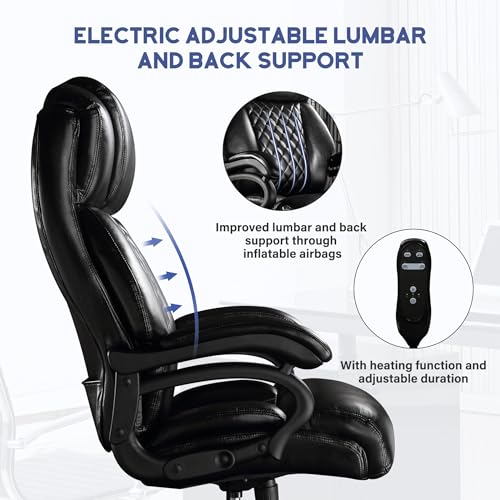 Big and Tall Office Chair, 500lbs High Back Large Executive Chair with Electric Airbag Heating High Back Computer Chair with Wide Seat, Black Ergonomic Leather Rocking Chair