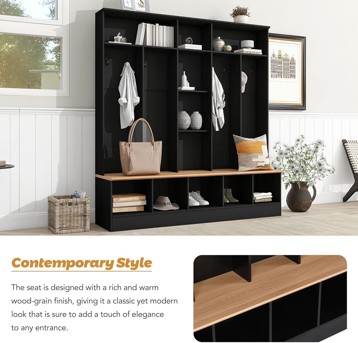 Wide Design 72''H Hall Tree with Storage Bench, Multifunctional Coat Rack with Minimalist Shoe Cabinet, Cube Storage & Shelves and 8 Hooks for Entryways, Mudroom, Black