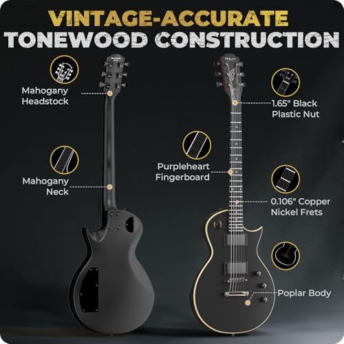 Fesley 39" LP Electric Guitar Kit: Full Size Solid Body Electric Guitars for Beginners with Humbucker Pickups, Poplar Body, Mahogany Neck,22 Frets,6 String Guitar with Gig Bag,Cable,FLP350,Matte,Black