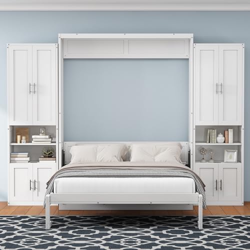 Queen Size Murphy Bed Wall Bed with 2 Side Cabinet Storage Shelf & Desk Combo,68-inch Vertical Wall Bedframe w/Can Be Folded for Bedroom Guest Room Small Space, White