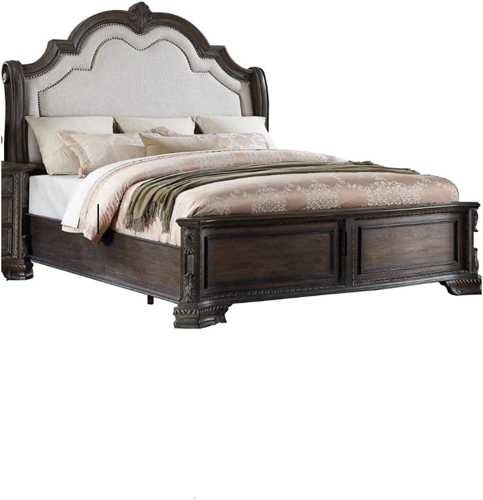 Grey 4 Piece Traditional Style King Size Bedroom Set Furniture Bed Dresser Mirror Nightstand Department Hardwood Solid Wood Wooden of Set