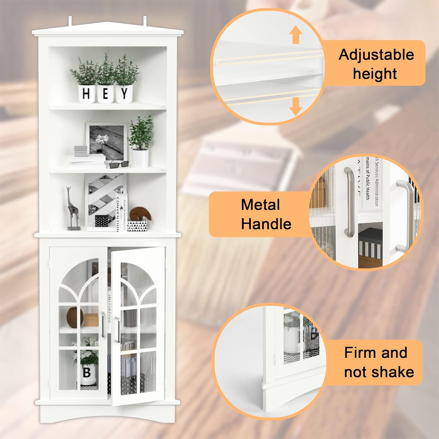 Corner Storage Cabinet, 65" Tall Freestanding Cabinet with Glass Doors & Adjustable Shelves, 5-Tier Corner Display Cabinet for Living Room, Home Office, Bedroom