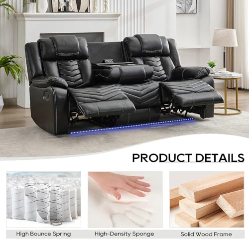 Manual Recliner Sofa Set with Wireless Charger for Living Room, Leather 3 Seater Reclining Sofa and Loveseat Seating Couch with Bass Speakers, LED Lights,Home Theater Love seat Sets with Console, Grey
