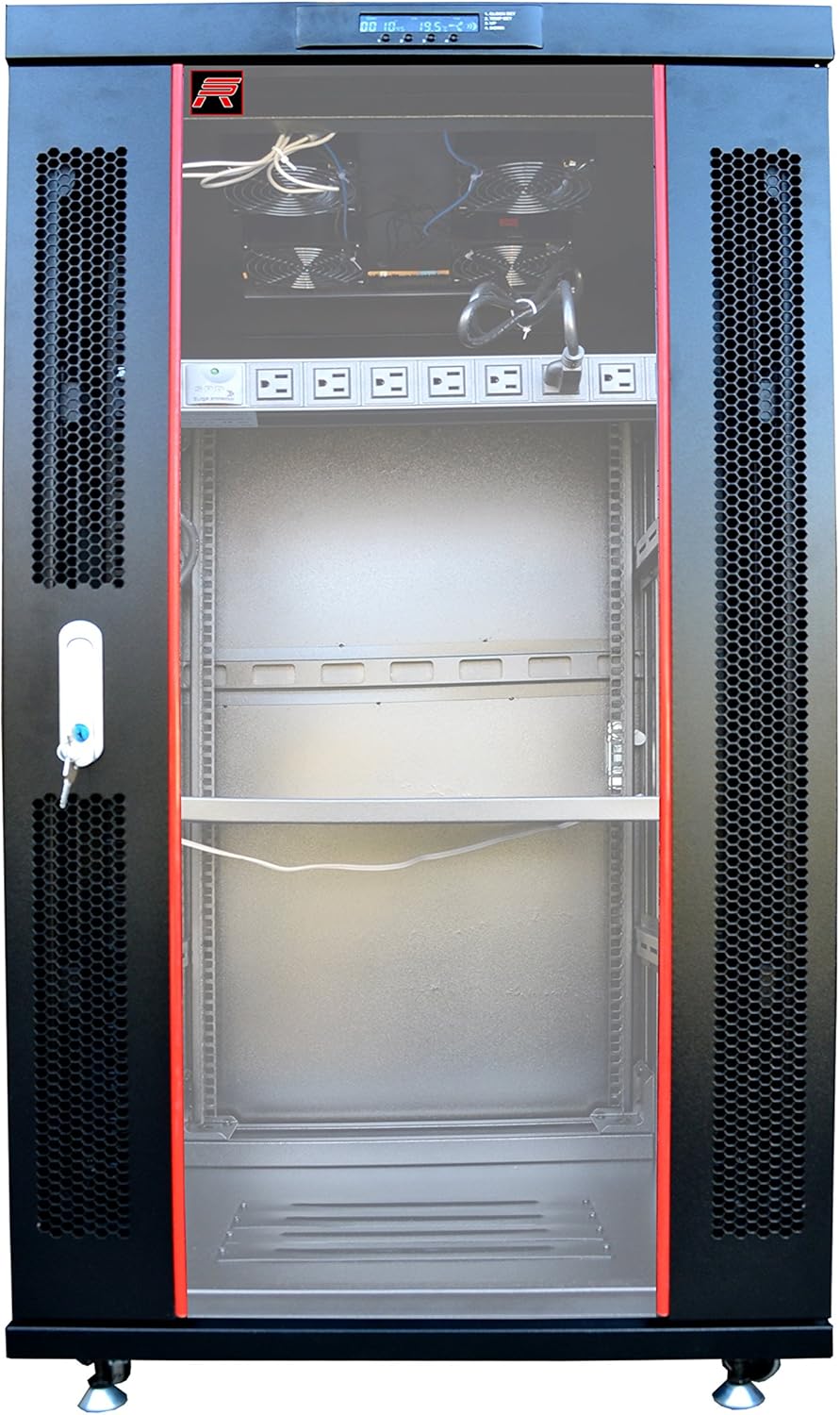 Sysracks 18U Server Rack Network Enclosure 39 inch Deep Data Cabinet on Wheels - Fully Locking Network Rack - Thermostat - LCD Screen - Power Strip - 4 Cooling Fans - Shelf