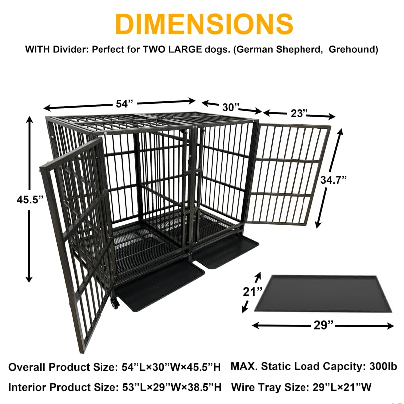 54/48/42/38 inch Heavy Duty Indestructible and Escape-Proof Dog Crate Cage Kennel for Large Dogs, High Anxiety Dog Crate with Removable Wire Trays and Wheels, Extra Large XL XXL