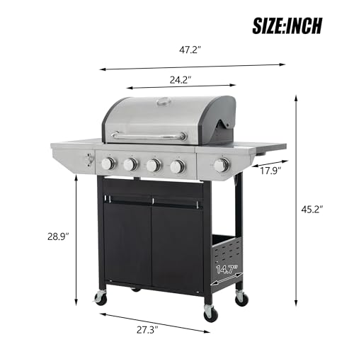 4 Burner Gas Grill with Side Burner, Stainless Steel Propane Grill 46700 BTU Output, Gas BBQ Grill Built in Thermometer, Cabinet Style, Ideal For Outdoor Patio Garden Picnic Backyard Cooking