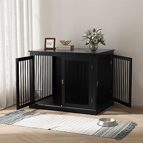 Large Dog Crate Furniture, Wooden Dog Kennel with Cushion, Dog Crate End Table Large, Indoor Dog Kennel, Modern Decorative Dog Crates with Flip Top, Chew-Proof Metal Bars, Black
