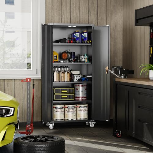 Metal Storage Cabinet with Wheels, 71" Tall Garage Storage Cabinet with 5 Tier Shelves and Locking Doors, Rolling Tool Cabinet for Garage Home Office Utility Room