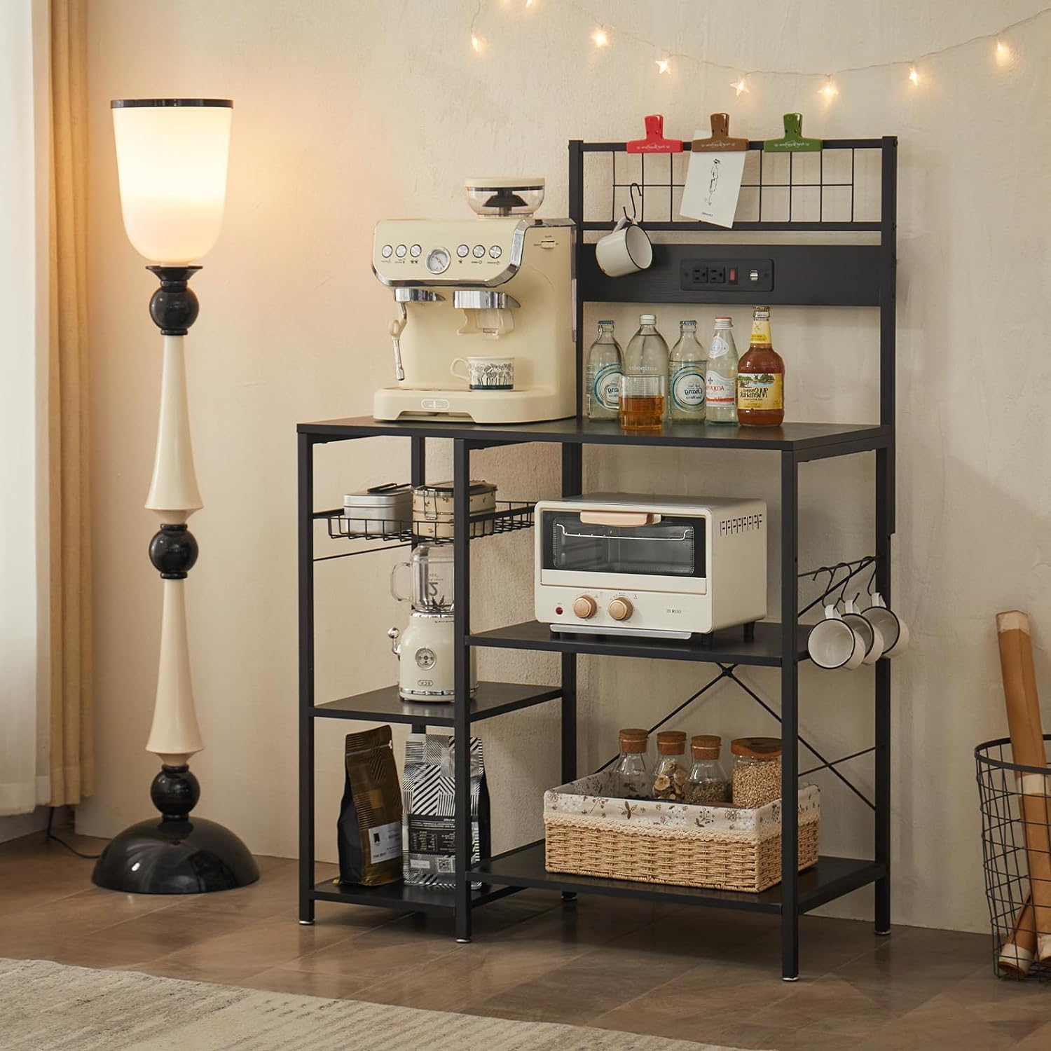 FJU Kitchen Bakers Rack with Power Outlet, Microwave Stand, Kitchen Storage Rack with Wire Basket, 6 Hooks, Kitchen Shelves for Spices, Pots, and Pans, Black