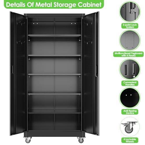 Aobabo 71" H×34" W×18" D Garage Metal Storage Cabinet with Wheels, Locking Steel Storage Cabinet with 5 Shelves and 4 Hooks, for Home Office, School, Assembly Required, Black Silver