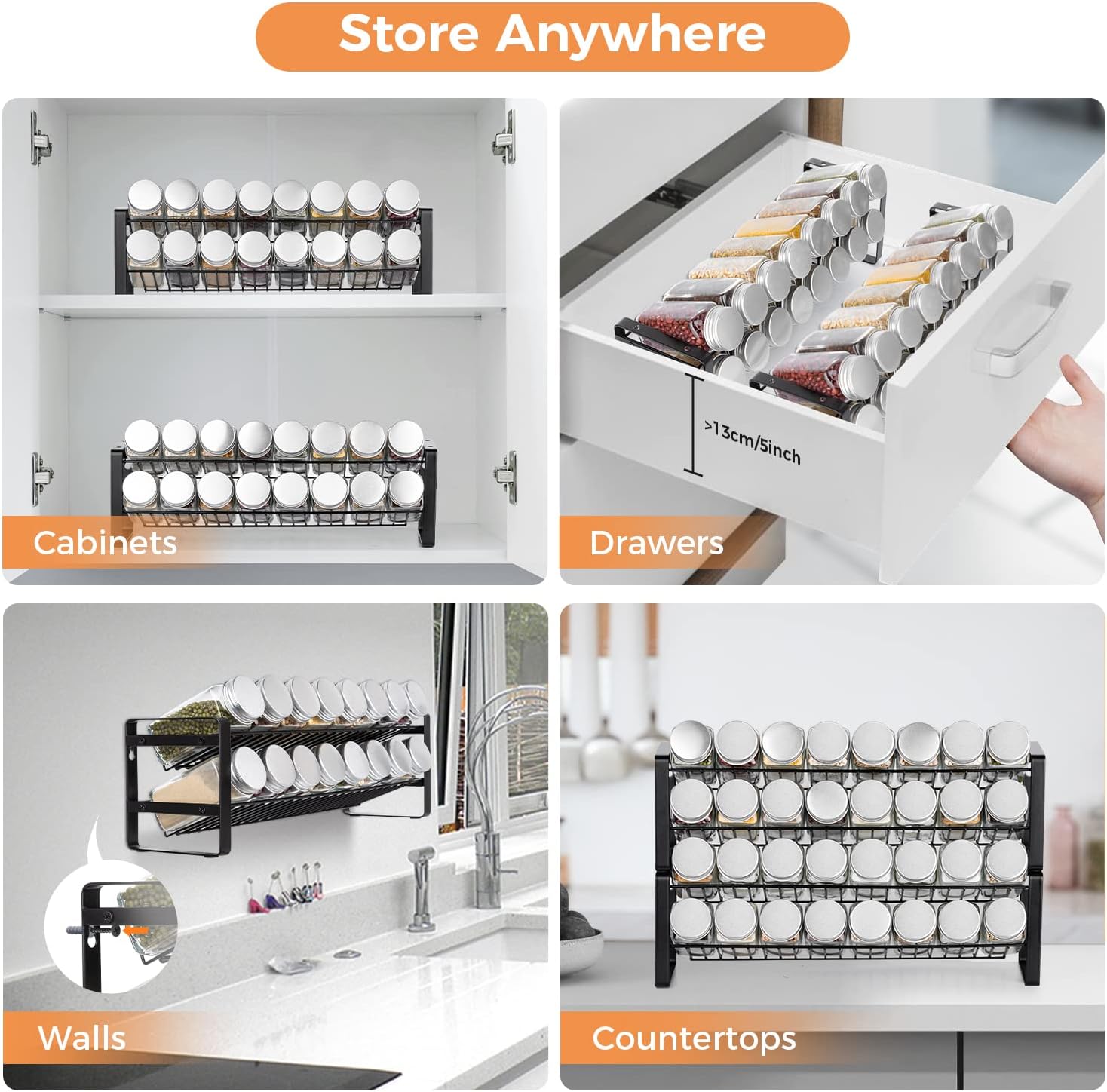 JONYJ Spice Rack Organizer for Cabinet, 4-tier Spice Organizer, Expandable Seasoning Organizer, Stackable Spice Rack Wall Mount, Black Frosted Iron Countertop Spice Rack for Drawer
