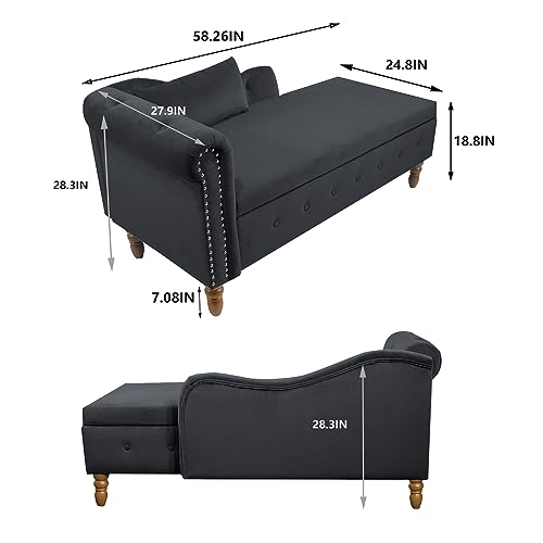 Chaise Lounge Indoor,Velvet Lounge Chair for Bedroom with Storage & Pillow,Modern Upholstered Rolled Arm Chase Lounge for Sleeping with Nailhead Trim for Living Room Bedroom Office (Black)