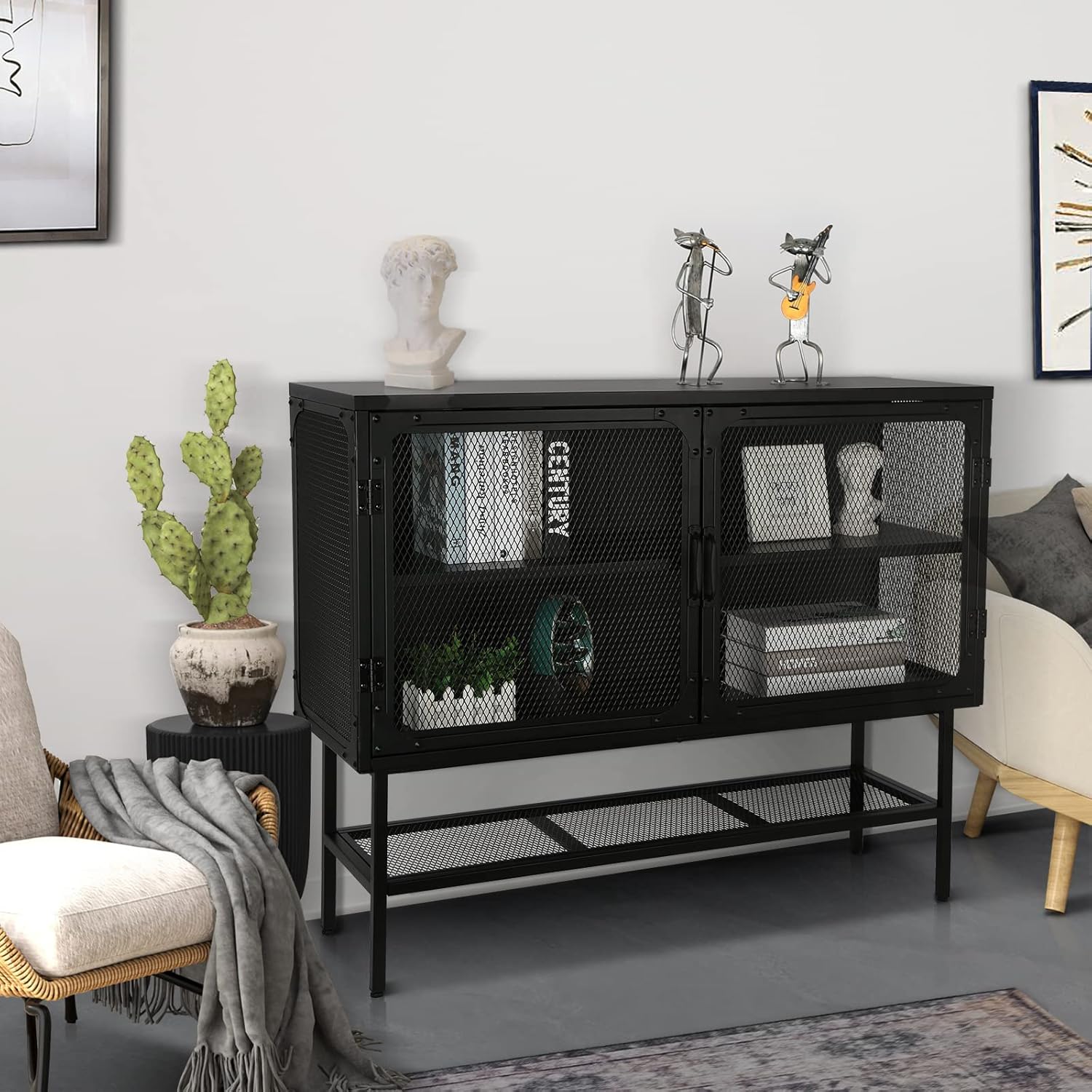 LUMISOL Industrial Cabinet Console Table with 2 Mesh Doors Adjustable Shelf and Feet Bottom Shelf Anti-Tip Dust-Free Kitchen Credenza Sideboard Frosted for Living Room Study Room Office Entryway