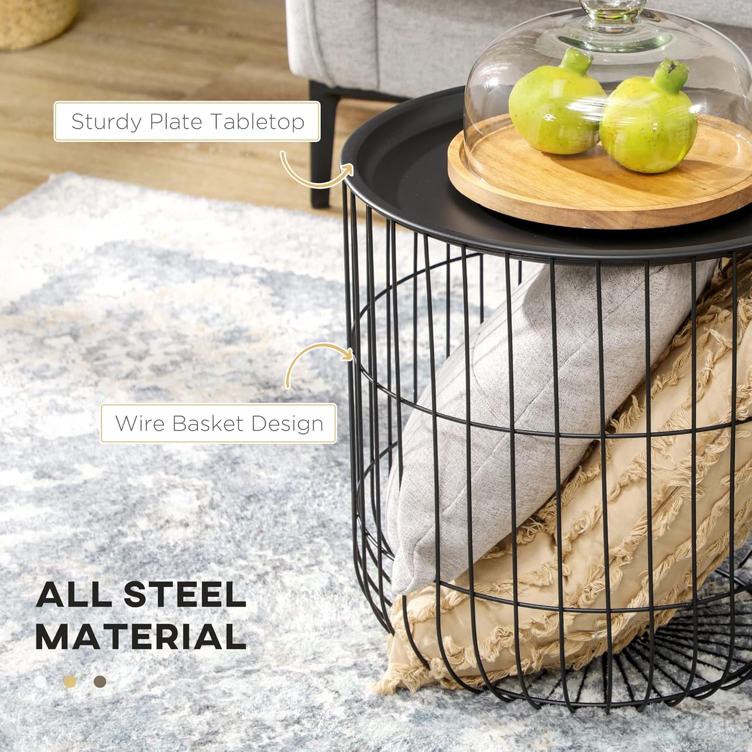 Nesting Coffee Tables, Round Coffee Table Set of 2 with Steel Wired Basket Body and Removable Top, Stacking End Tables Blanket Storage for Living Room, Black