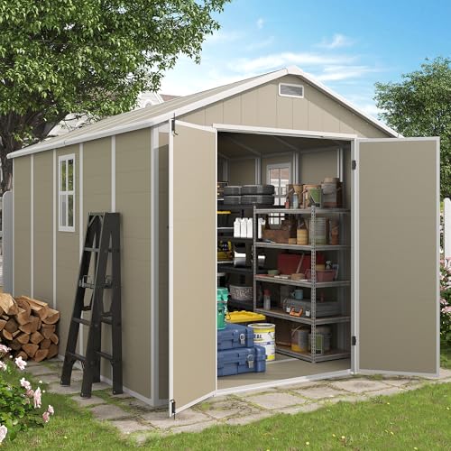 Outdoor Storage Shed, 6x6 FT Resin Shed with Floor and Lockable Door, Window, Vents, Tool Sheds and Outdoor Storage for Bike, Garden Accessories, Tools, Waterproof (Grey & White)