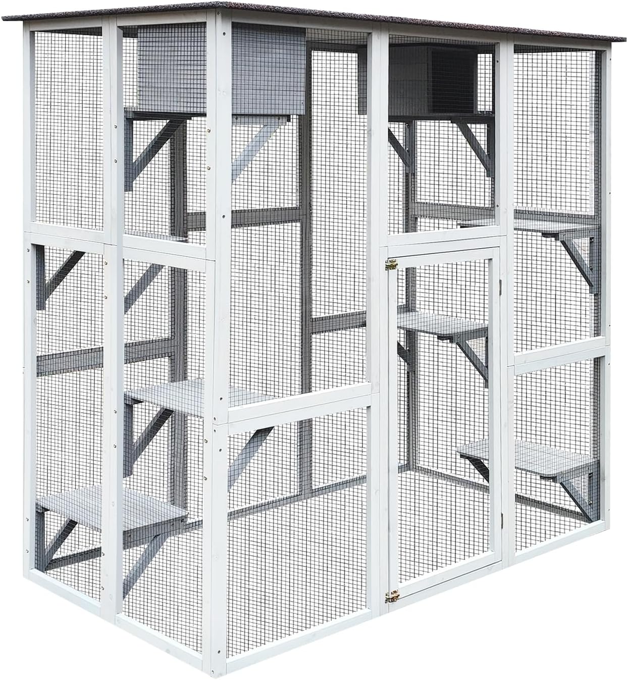 3-Tier Wooden Outdoor & Indoor Cat House Suitable for 1-3 Cats Cat Enclosure Resting Box with 4 Platforms and 2 doors Cat Shelter House with a Jump Box for Hiding and Resting Cat Cage 71"H-Gray
