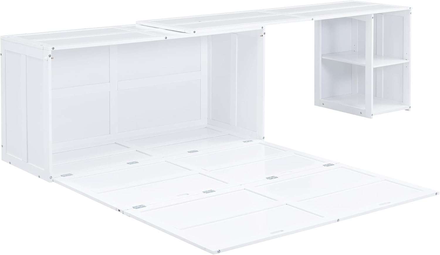 BOVZA Queen Size Murphy Bed with Rotable Desk and Storage Drawers, Cube Cabinet Bedframe for Small Spaces, White