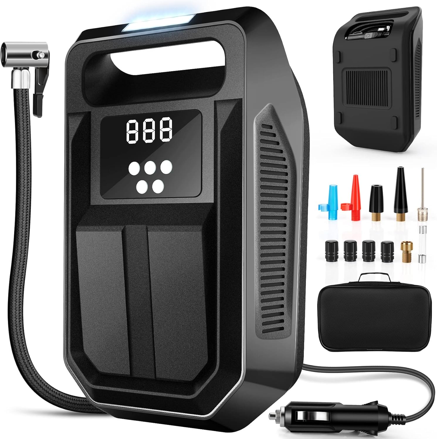 FBK Tire Inflator Portable Air Compressor 12V DC Car Air Pump with Digital Display, LED Light, Auto Shut Off Function, Set of Nozzle Adaptors for Car, Motorcycle, Bicycle, Ball, and Other Inflatables