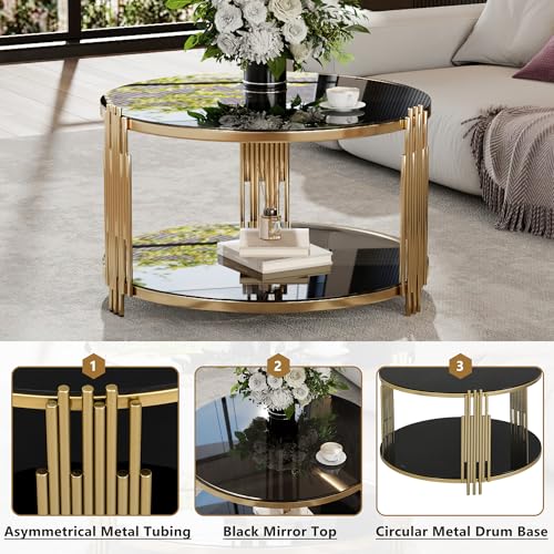 LUMISOL Round Mirror Coffee Table with Tempered Glass Tabletop and Circular Metal Drum Base, 31.5" Cocktail Table with Asymmetrical Metal Tubing, Black